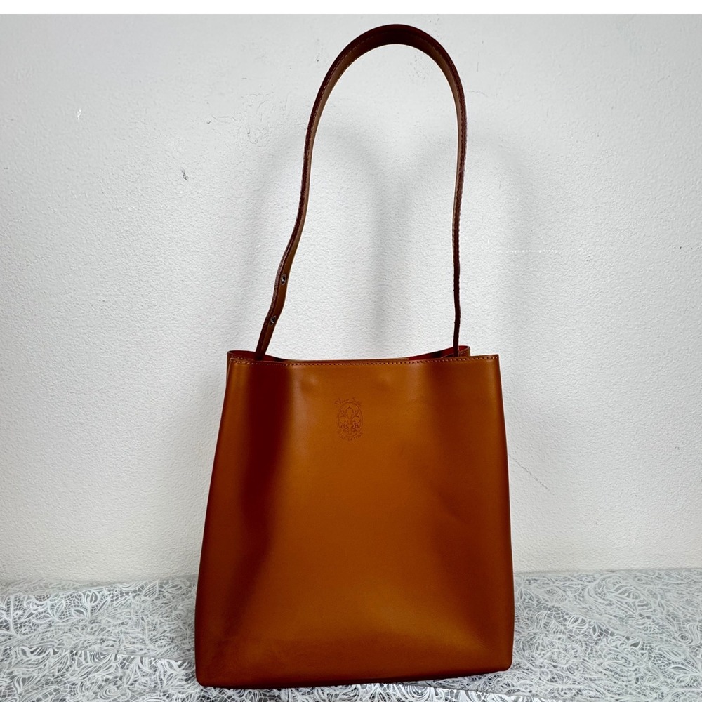 Made in Italy Cognac Leather Structured Tote Bucket Bag Purse Minimalist Classic